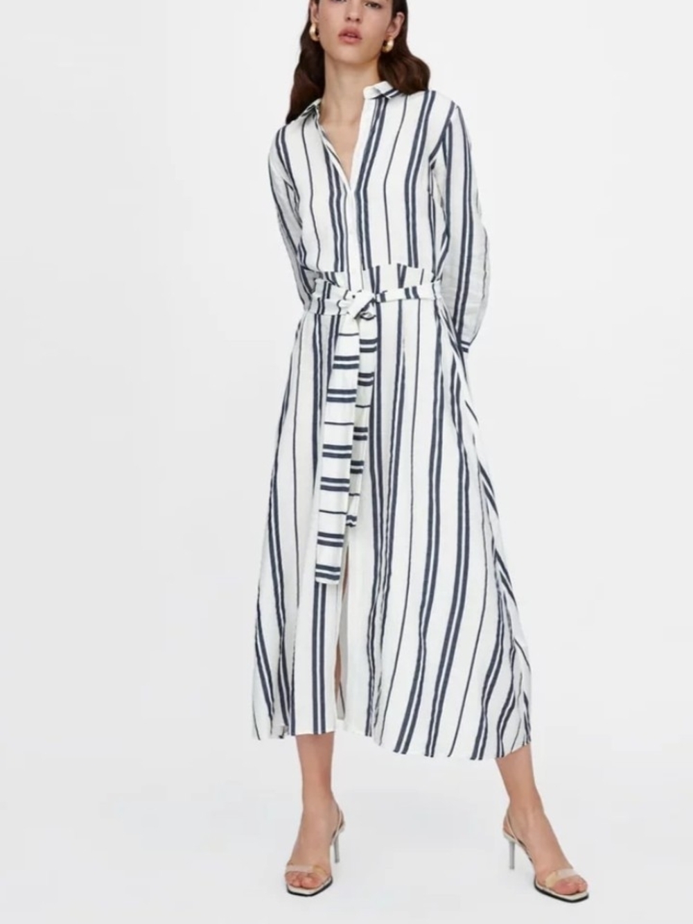 Zara White and Navy Vertical Stripe Button-Front Maxi Dress